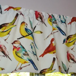 Bird Curtain . Scalloped Valance . Richloom Birdwatcher SUMMER Design . FULLY Lined . CUSTOM Sizes by Request. Handmade by Seams Original