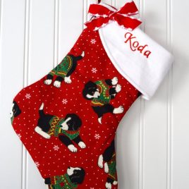 ill a stocking full of yummy treats and fun toys for your favorite pup! Cute fabric choices!