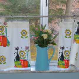Retro Atomic Cats and Flowers Pots Cafe Curtains